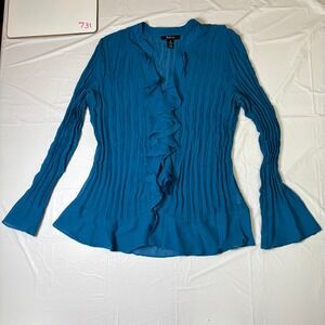 Style & Co Womens 16 Teal Blue Crinkle Pleated Ruffle V-Neck Bell Sleeve Blouse